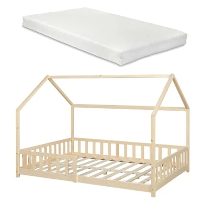 Afbeelding van Kinderbed Hesel huisbed met matras en uitvalbeveiliging 120x200 cm houtkleurig [en.casa] [neu.haus]