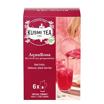 Afbeelding van Kusmi Tea AquaPink Bio ijsthee met hibiscuss, zwarte bessen en rode vruchten, gourmet fruitthee, cafeïnevrije hibiscus thee, 6 grote theezakken, 48 g