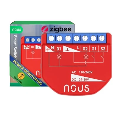 Afbeelding van NOUS ZigBee Smart Switch Module met vermogensmeting, 2 kanalen, AC 16A/DC 10A, droge contacten, hub 3.0 vereist, compatibel Alexa, Zigbee2MQTT, Google Assistant, Home