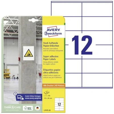 Afbeelding van Avery Zweckform L7875 20 ( 105 x 48 mm, Wit, 240 stuk(s), Permanent hechtend, Sterk hechtend