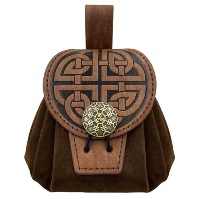 Afbeelding van HiiFeuer Renaissance retro reliëf kunstleer middeleeuwse riem zakje draagbare munt dobbelstenen tas voor LARP Ren Faire, Bruin C, Middeleeuws