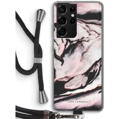 Afbeelding van Case Company® hoesje met Koord geschikt voor Samsung Galaxy S21 Ultra Roze stroom Telefoonhoesje Zwart Bescherming aan alle Kanten en Over de Schermrand