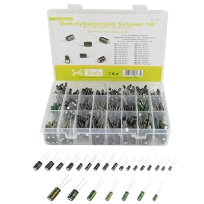 Afbeelding van SeKi Elko Elektrolytische condensator 105 630 stuks 24 waarden 0,1 uF 1000 10 V, 16 25 V en 50 aluminium