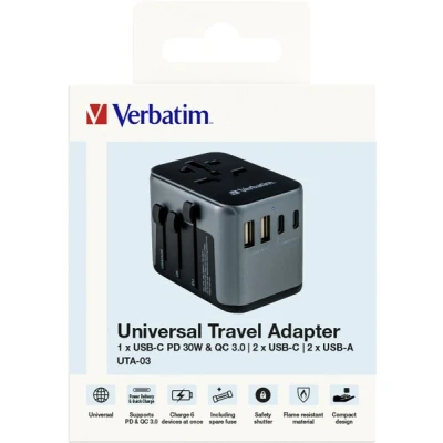 Afbeelding van Verbatim oplaadadapter, Universal Travel, UTA 03, zwart 100 250V, 2x USB Type A, 3x C, PD/QC, Retail