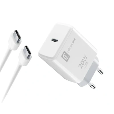 Afbeelding van Cellularline 20 W opladerset voor iPhone 15 serie, set bestaande uit een USB C oplader + kabel, waarmee verschillende modellen veilig kunnen worden opgeladen