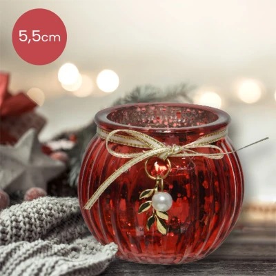 Afbeelding van Rode glazen waxinelichthouder met takje Ø6,5 x 5,5 cm kerstdecoratie kerst luxe theelichthouder voor kaarsjes