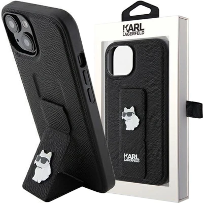 Afbeelding van Karl Lagerfeld Gripstand Saffiano Choupette Pins hoesje voor iPhone 15 Plus / 14 Zwart
