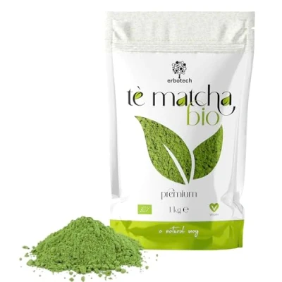Afbeelding van ERBOTECH Biologische Matcha thee/biologische Japanse groene thee in poeder, zak van 1 kg, multivitaminen 100% natuurlijk, veganistisch, ideaal voor desserts, smoothies, ijsthee