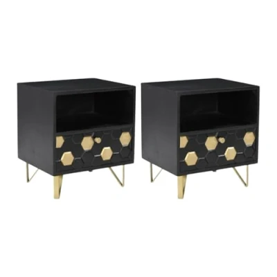 Afbeelding van Vente unique Set van 2 nachtkastjes 1 lade en nis Mangohout metaal Zwart goudkleurig BELORI L 45 cm x H 50 D 38