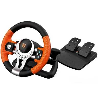 Afbeelding van KROM K Driver Multiplatform stuurwiel en pedalen, versnellingspook pallets op het stuur, trillingseffect, compatibel met pc, PS3, PS4 Xbox, zwart/oranje