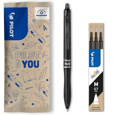 Image de PILOT Lot de 1 FriXion Ball 07 Plus + Set 3 Recharges Stylo roller effaçable Rétractable et rechargeable En plastique recyclé Noir Pointe moyenne