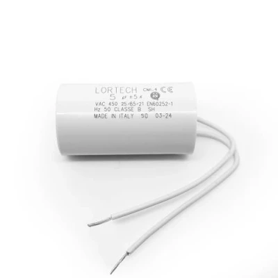 Afbeelding van Condensator met draden, 5 µF, Ø 30 x 55 mm, platte bodem, gemaakt in Italië