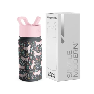 Afbeelding van Simple Modern Kinderwaterfles met rietje, herbruikbare geïsoleerde roestvrijstalen beker voor peuters, meisjes en jongens, Summit Collection, 415 ml, eenhoornvelden