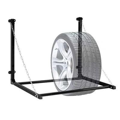 Afbeelding van relaxdays Rek voor 4 wielen, wandmontage, telescoophouder, tot 90 kg, opvouwbaar, van staal, zwart.