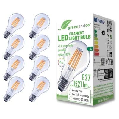 Afbeelding van greenandco 8 x transparante led filamentlampen, dimbaar, E27 A60, 7,2 W, 1521 lm, vervangt 100 3000 K, warmwit, 320 graden, 230 V, flikkervrij, energieklasse A