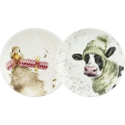Afbeelding van Wrendale Designs Set 2 dessertborden Winter Cow &amp; Duck