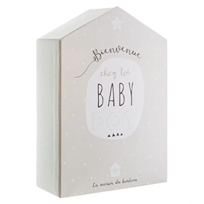Afbeelding van Geboortebox met herinneringsdoos + fotolijst huisvorm kleur taupe en lichtgroen