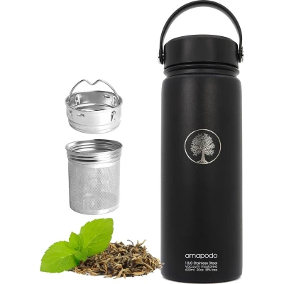 Afbeelding van amapodo Roestvrijstalen drinkfles met zeef, thermosfles voor warme en koude dranken, thee of koffie om mee te nemen, theezeef, 600 ml