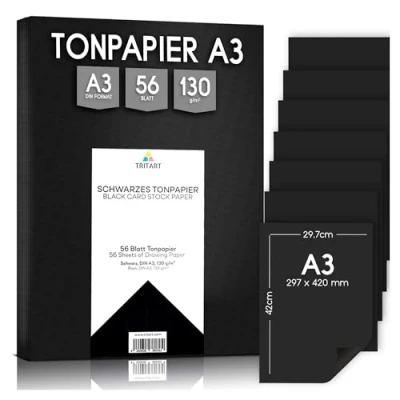 Afbeelding van Tritart Zwart gekleurd papier A3 130 g/m² I 56 vellen hoogwaardig stevig knutselpapier stabiel creatief tekenpapier voor knutselen en schilderen tekenkarton