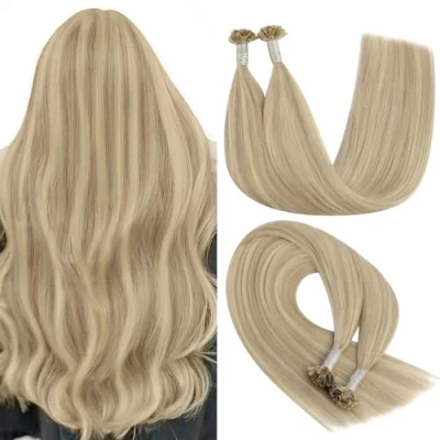 Afbeelding van YoungSee Haarverlenging, keratine, blond, 45,7 cm, asblond, highlight, extensions, natuurlijk, 50 strengen / g, warm, blond #P18/613
