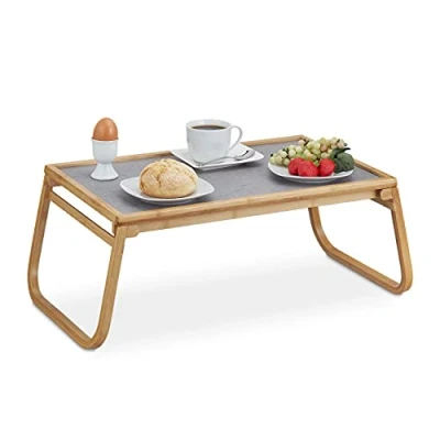 Afbeelding van Relaxdays ontbijt op bed dienblad inklapbaar bedtafel poten bamboe natuur 60cm