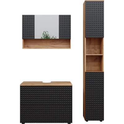Afbeelding van Vicco Badkamermeubel set Irma, Gestippeld antraciet/Krachtige eik goud, 3 stuks, met spiegelkast 80 cm