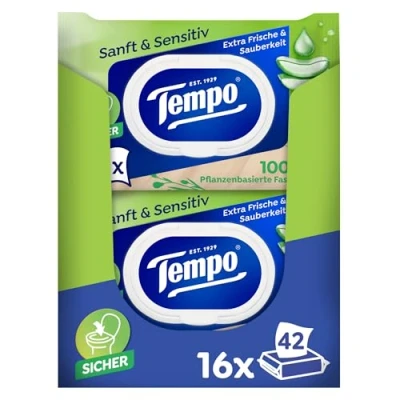 Afbeelding van Tempo Feuchte Toiletartikelen &quot;Sanft &amp; Sensitiv&quot; megapack 16 verpakkingen met elk 42 doeken natuurlijke aloë vera viltstiften, toiletpapier, dermatologisch getest en pH neutraal