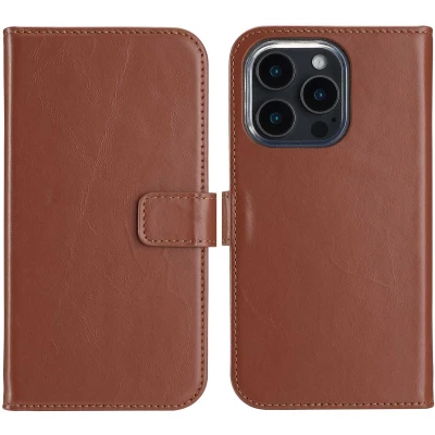 Afbeelding van Selencia Hoesje Geschikt voor iPhone 16 Pro Met Pasjeshouder Echt Lederen Bookcase Lichtbruin