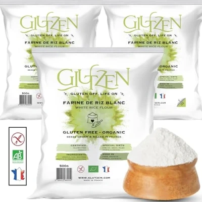 Afbeelding van Farine de Riz Blanc Bio GLUTZEN. Compatible Machine à Pain, Pain Sans Gluten, Pizza, Pâtes Pancakes, Biscuits. Cœliaque, Vegan, Sportif, Protéiné, Allergènes. (3x500g)