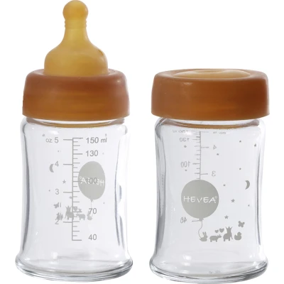 Afbeelding van HEVEA Wide Neck glazen drinkfles 150ml 2 stuks borosilicaatglas 100% natuurrubber
