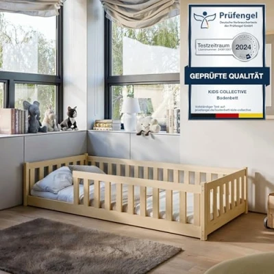 Afbeelding van Montessori Vloerbed, 80 x 160 cm, met valbescherming en lattenbodem, Bed spijlen, eenpersoonsbed optioneel, van natuurlijk grenenhout, voor jongens meisjes