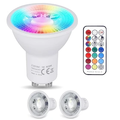 Afbeelding van YAYZA! Ledlamp, GU10, warmwit, 5 W, 3000 K, RGB, dimbaar, kleurverandering, 450 lm (komt overeen met 50 W), 12 kleuren, modi, timing, afstandsbediening, voor ppliqu (2 stuks)