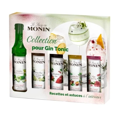 Afbeelding van MONIN Set voor gin Tonic komkommer, roos, vlierbloesem, aardbei en passievrucht 5 x cl