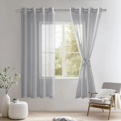 Image de DWCN Lot de 2 rideaux en voile transparent à œillets Pour chambre coucher, d&#039;enfant, salon Gris 160 x 140 cm (H l)