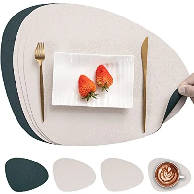Afbeelding van Myir JUN placemat en onderzetter van leer, antislip placemat, dubbelzijdig, wasbaar, onderzetter, kunststof (set 4 stuks, groen/beige)
