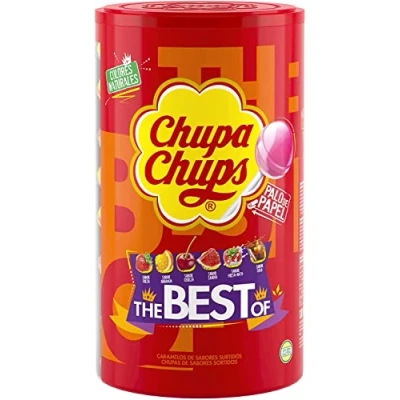 Afbeelding van Chupa Chups Doos met 100 snoepjes, assortiment: willekeurige smaken (cola, aardbei, crème, watermeloen, sinaasappel, citroen en kers) [Antiek model]