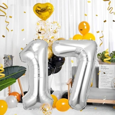 Afbeelding van Verjaardagsballon in de vorm van een cijfer 17, maat XXL, aluminium, 101 cm, opblaasbare heliumballon, verjaardagsdecoratie
