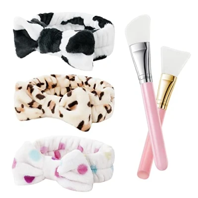 Afbeelding van URAQT haarband met strik, 3 stuks, hoofdband strik voor make up 2 siliconen gezichtsmaskerborsteltjes, elastische zachte flanellen vrouwen, cosmetische band het afwassen van up, douche, sport, huidverzorging