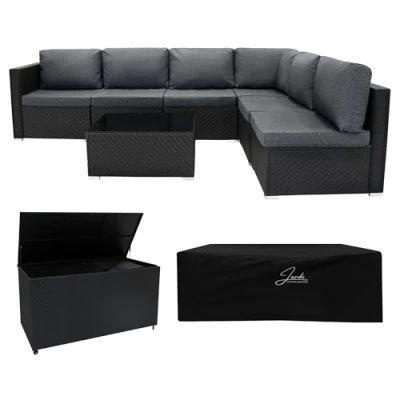 Afbeelding van Rotan Modulaire Tuinmeubelen 7 Delige Set &amp; 700L Opbergbox Zwart 5 Zits Zitbank Sectionele stoelen met Kussens Salontafel Waterdichte Hoes Voering Gasveren Hefmechanisme Wielen Buiten