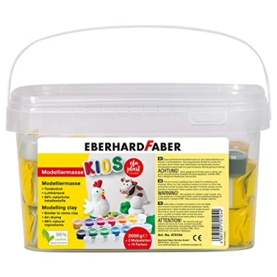 Afbeelding van Eberhard Faber 570104 EFAPlast Kids witte boetseerklei in emmer, inhoud 2 kg, 14 kleuren en schilderpaletten, voor creatief schilder knutselplezier