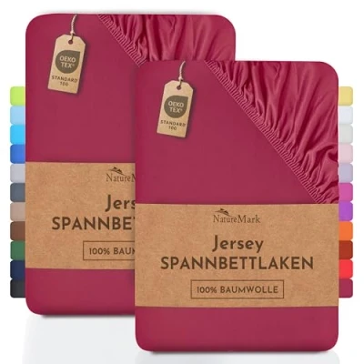 Afbeelding van NatureMark set van 2 jersey hoeslakens, katoen, jersey, gecertificeerd volgens Öko Tex Standaard 100, voor vertrouwen in textiel, wijnrood, 2, 200 x 220 cm + 40 matrashoogte