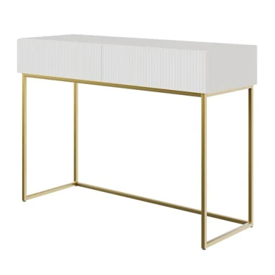 Afbeelding van Selsey Kaptafel met 2 laden, 110 x 79 cm, op gouden poten, make uptafel, schoonheidshoek, wit, Veldio