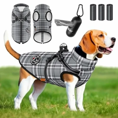 Afbeelding van LOVPET® Hondenjas Hondenvacht Met Harnas Waterafstotend, incl. 45 Stuks Poepzak + Dispenser, Winter Vest Hond Waterdicht Gevoerd, Gewatteerd Borstband, Reflectoren, D Ring Grijs / 3XL
