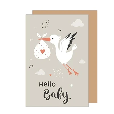 Afbeelding van Edition Seidel Hoogwaardige geboortewenskaart met envelop, wenskaart voor baby&#039;s, evenementenkaart, Hello baby, ooievaar, evenement meisjes en jongens (E262 SW023)