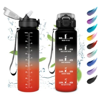 Image de bouteille d&#039;eau de sport 1 L, gourde anti fuite, facile à ouvrir, avec indicateur temps, paille, pour adulte, camping, cyclisme,