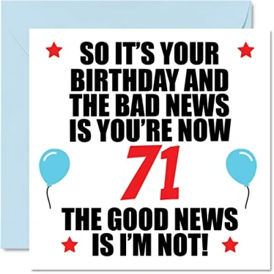 Afbeelding van Grappige 71 jaar verjaardagskaart voor mannen en vrouwen Bad News verjaardagskaarten papa, mama, tante, oom, opa, 145 mm x