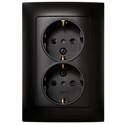 Afbeelding van Simon Schuko dubbel inbouwstopcontact, serie 10, 250 V, 16 A, plat en dun wandstopcontact, eenvoudig te installeren, met frame, deksel mechanisme, zwarte vrouwelijke stekkerbasis