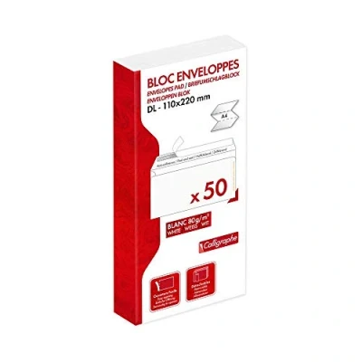 Afbeelding van Clairefontaine Kalligraphe (correspondentie serie) 15965C, gelijmd blok met 50 witte enveloppen, DL 110 x 220 mm, zelfklevend, 80 g/m²