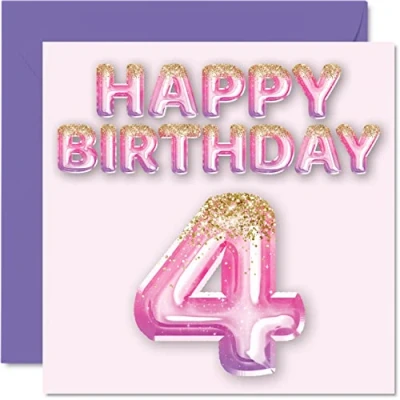 Afbeelding van Verjaardagskaart voor meisjes 4 jaar, roze en paarse glitterballonnen, verjaardagskaarten dochter, zus, kleindochter, neef, 145 mm x
