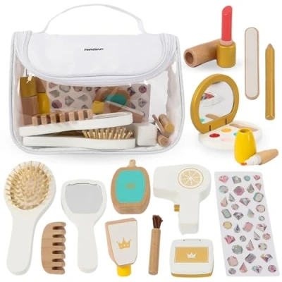 Afbeelding van Mamabrum Make upset voor kinderen 3+, 15 delig, houten accessoires + toilettas, duurzaam en veilig speelgoed meisjes, cosmetisch speelgoed, creatief rollenspel